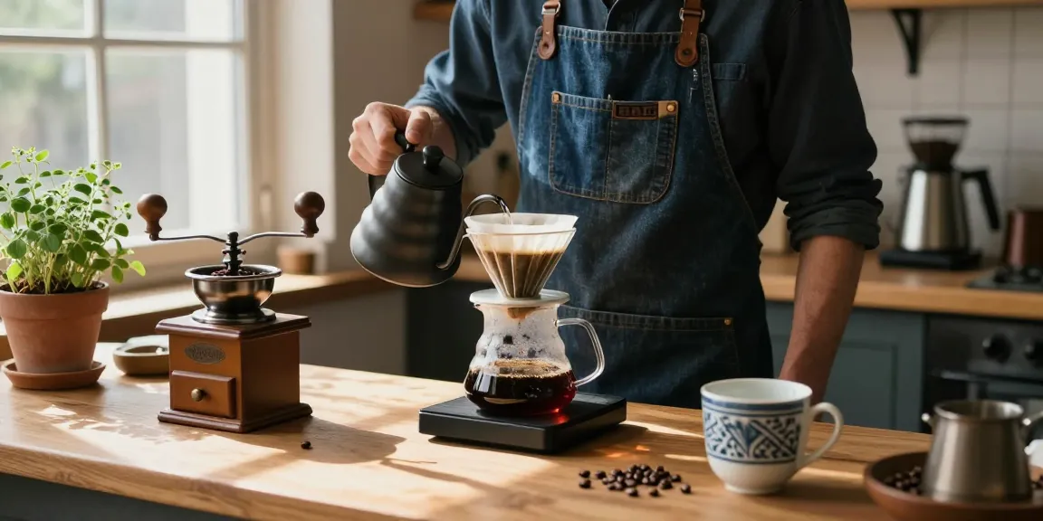 Refreshing pour-over coffee brewing scene featuring Ebb filter apron made from upcycled denim at www.ebbfilter.com.
