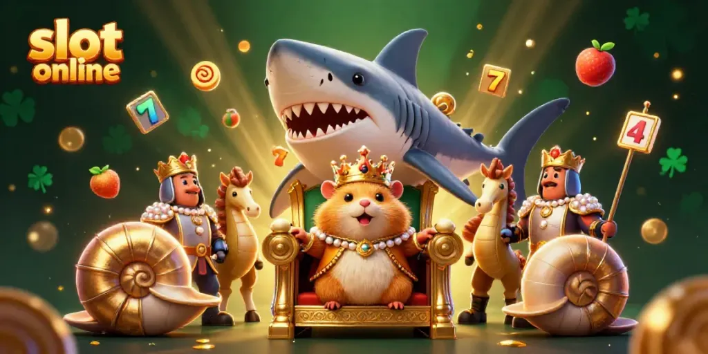 Experience the thrill of slot online gaming with an energetic illustration featuring a hamster king and vibrant symbols.