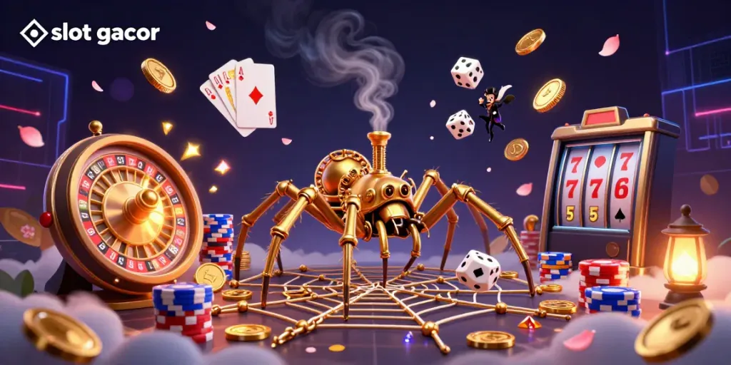 Catch exciting slot gacor action with a steampunk spider weaving golden chains and coins.