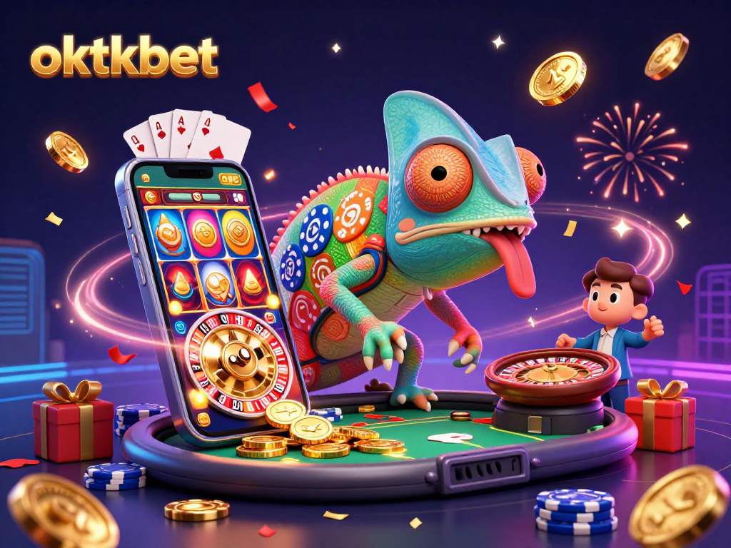 Experience the thrill at oktkbet with a vibrant casino scene featuring a colorful chameleon owner amidst dynamic games.