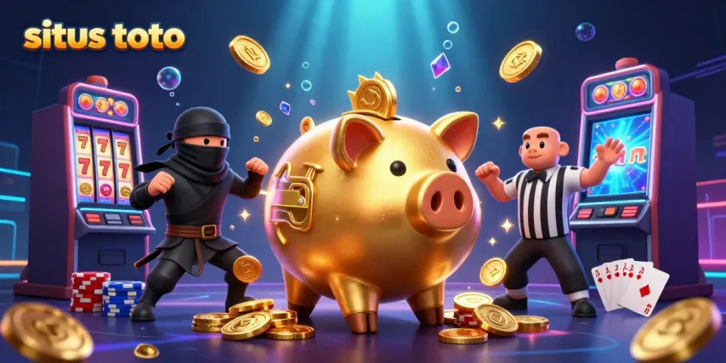 Action-packed illustration of situs toto characters with golden coins and slot machines, showcasing casino excitement.